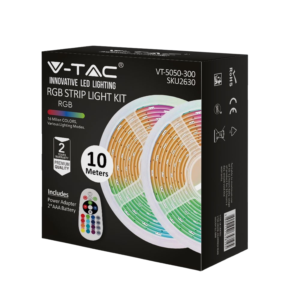 10m 4,8W/m RGB strip sæt - 12V DC, IP20, Inkl. fjernbetjening og strømforsyning (2x5m) - Kulør : RGB