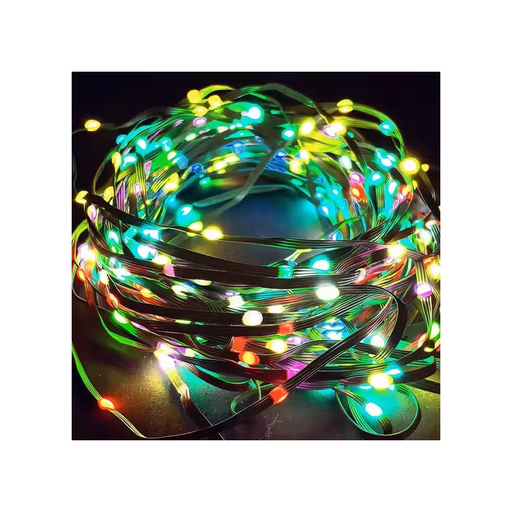 10 m. RGBIC LED lyskæde - 100 LED, grøn ledning, fjernbetjening + bluetooth, 5V USB